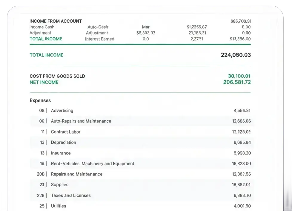 Simple-C Profit & Loss Report showing income, net income, and Schedule C expense categories