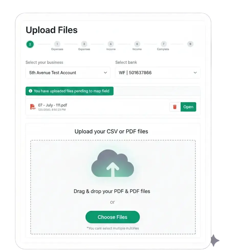 Simple-C Upload Files interface with drag and drop CSV and PDF import